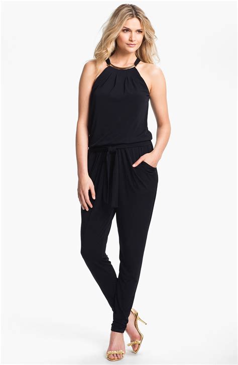 michael kors jumpsuit black and white|Michael Kors embellished halter jumpsuit.